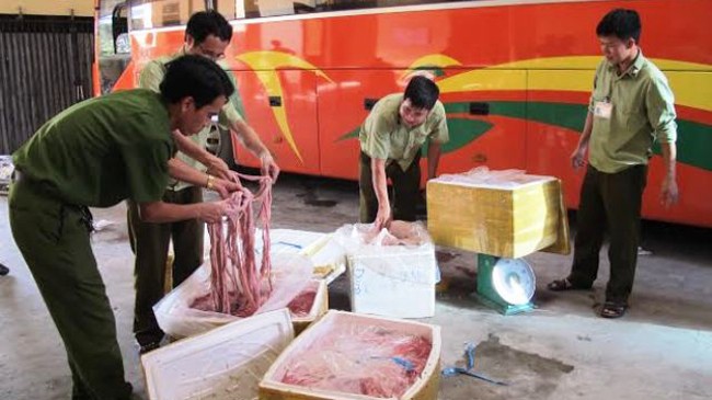 Hơn 500kg lòng heo thối vận chuyển từ Đà Nẵng ra Hà Nội tiêu thụ bị thu giữ và tiêu huỷ.