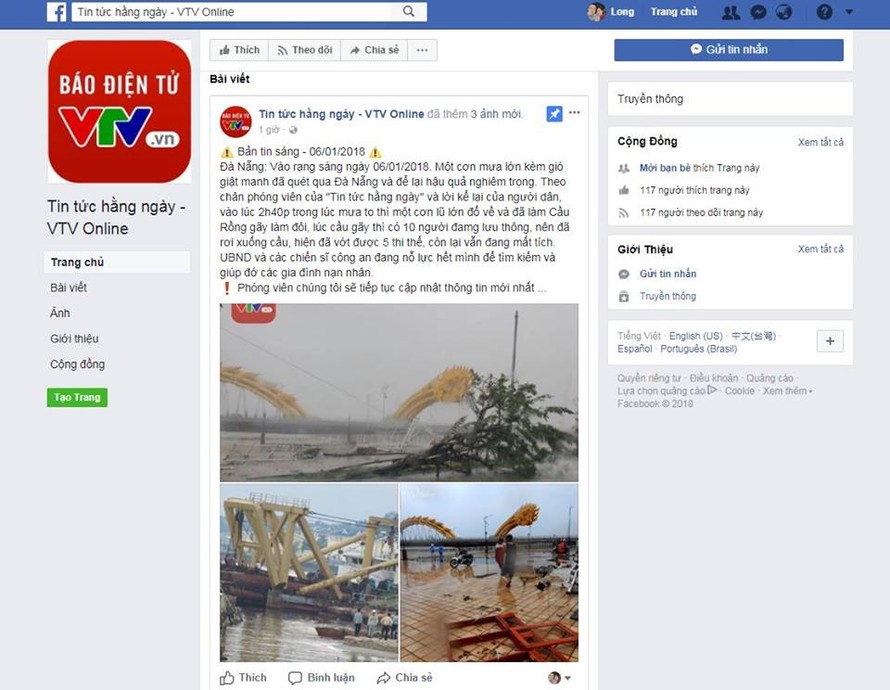 Trang Facebook giả mạo VTV mạng đăng tải thông tin hình ảnh thất thiết về Đà Nẵng. Ảnh chụp màn hình