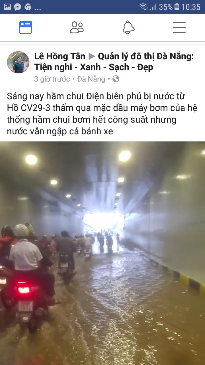 Hình ảnh ngập nước trong hầm chui được chia sẽ trên trang facebook Quản lý đô thị Đà Nẵng: “Xanh – sạch – đẹp”