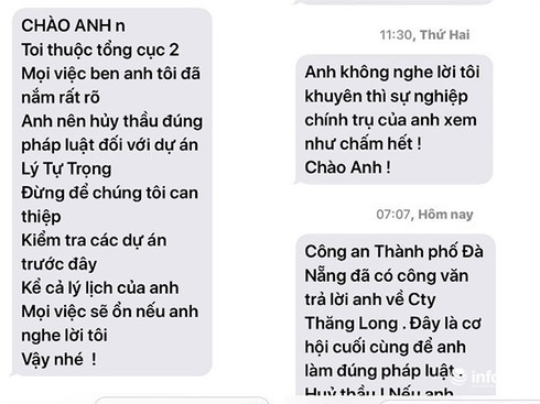 Tin nhắn đe dọa Giám đốc Ban quản lý dự án đầu tư xây dựng các công trình dân dụng và công nghiệp Đà Nẵng.