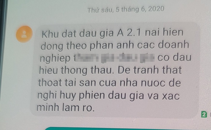 Tin nhắn tố cáo "thông thầu" gửi đến số máy của Trung tâm Dịch vụ bán đấu giá tài sản TP Đà Nẵng. 