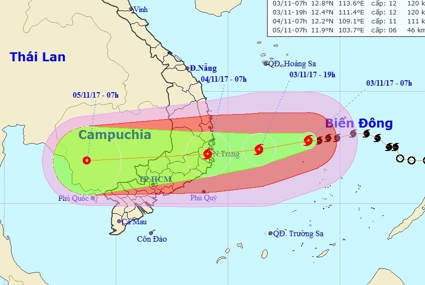 Dự kiến bão số 12 (Bão Con Voi) sẽ đổ bộ vào khu vực đất liền từ Nam Phú Yên đến Bắc Bình Thuận