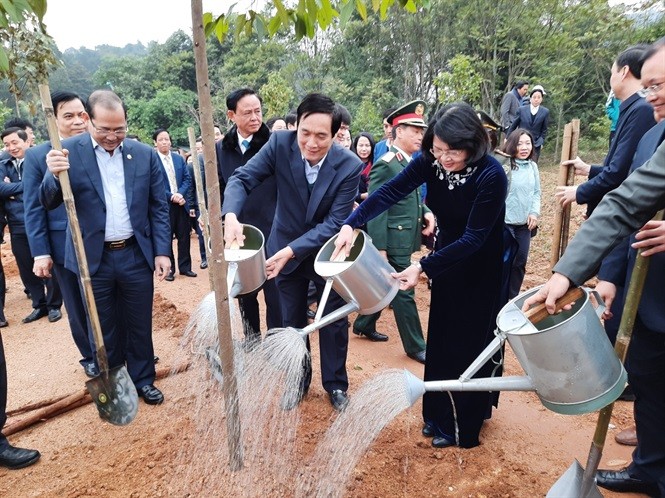 Phó Chủ tịch nước Đặng Thị Ngọc Thịnh cùng lãnh đạo các bộ ngành, tỉnh Phú Thọ tham gia trồng cây tại Khu di tích lịch sử Đền Hùng.