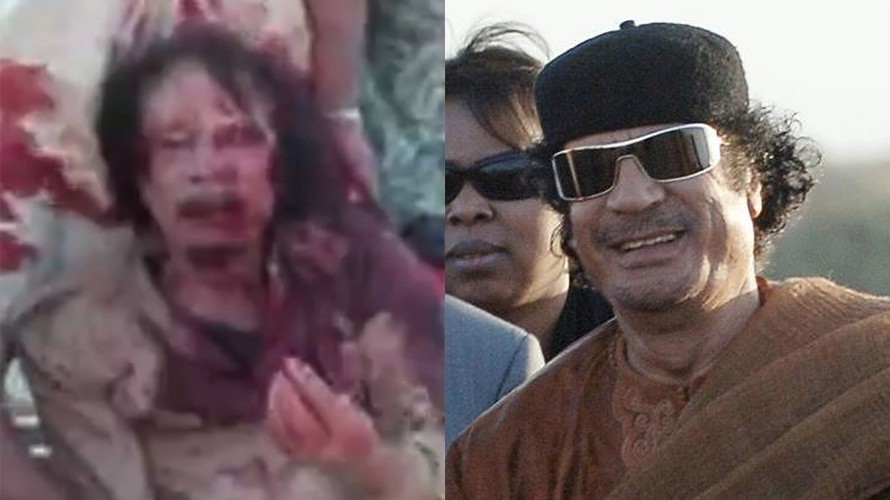 Gaddafi máu me đầy người trước khi bị quân nổi dậy xử tử.