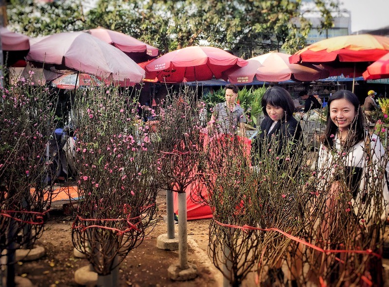 Nhiều khách hàng đến chợ hoa Quảng Bá ngắm và mua hoa đào