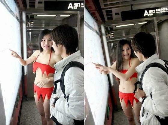 Cô gái mặc bikini chỉ đường cho khách gây tranh cãi