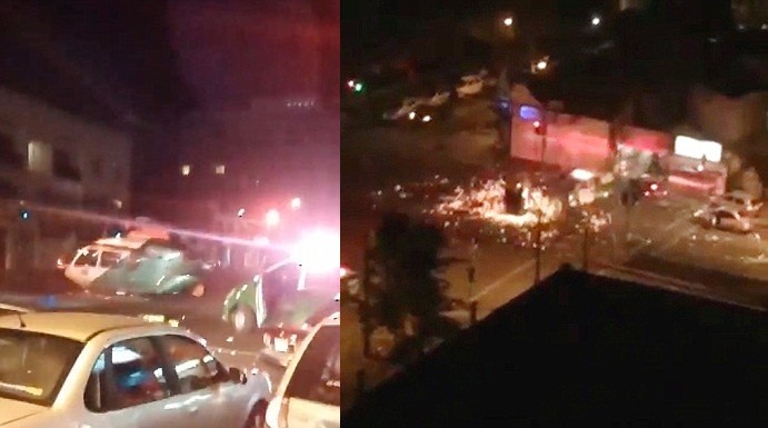 Hình ảnh chiếc trực thăng tới cứu hộ (bên trái) và hình ảnh hiện trường vụ nổ 