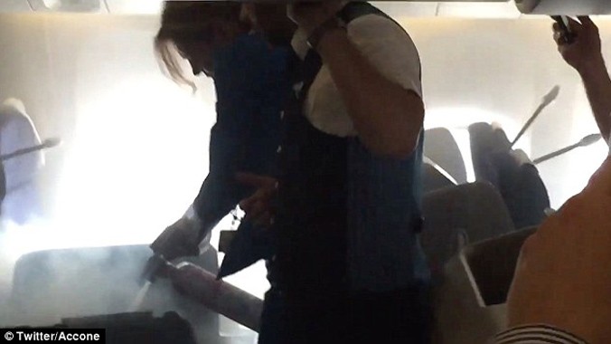 Nhân viên sân bay dùng bình cứu hỏa dập lửa. Ảnh: Dailymail