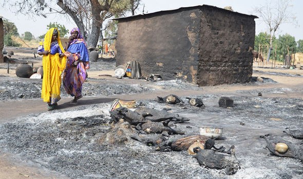 Một ngôi làng bị Boko Haram tấn công hồi đầu năm. Ảnh: Express