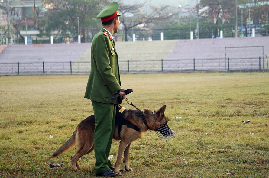 Công an tỉnh Điện Biên huy động nhiều chó nghiệp vụ tuần tra, rà soát an ninh, bảo vệ phiên tòa.