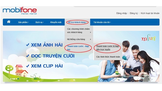 Chỉ cần truy cập http://www.mobifone.com.vn/, chọn Hỗ trợ khách hàng, vào Thanh toán cước và nạp tiền trực tuyến là thuê bao MobiFone có thể thanh toán ngay trên website.