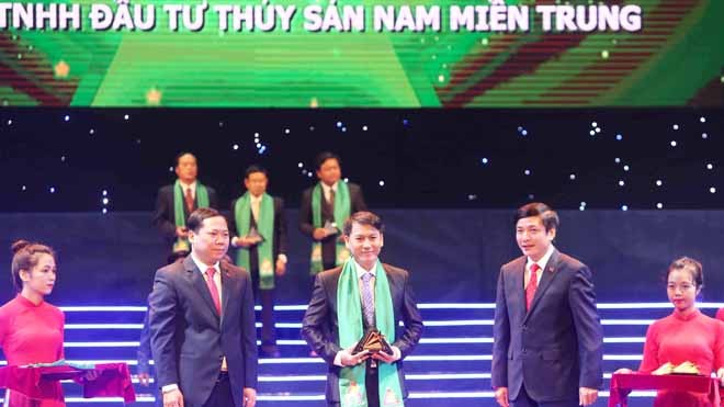 Ông Nguyễn Hoàng Anh, Giám đốc Công ty TNHH Đầu tư thủy sản Nam Miền Trung nhận danh hiệu Top 200 thương hiệu Giải thưởng Sao Vàng đất Việt 2015.