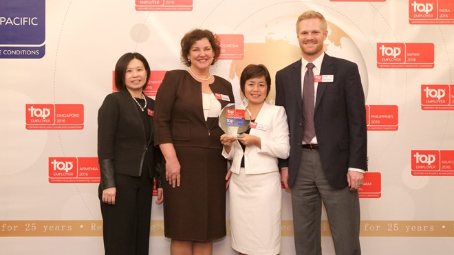 Bà Phan Nguyên Nhật Thảo – Giám đốc nhân sự, Amway Việt Nam (vest trắng) và đại diện quản lý nhân sự cấp cao của tập đoàn Amway tại lễ trao giải “Nhà tuyển dụng châu Á Thái Bình Dương 2016”