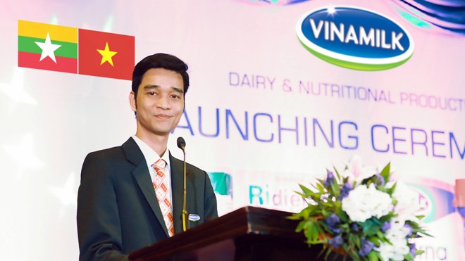 Ông Võ Trung Hiếu, Giám đốc Kinh doanh Quốc tế Vinamilk, phát biểu khai mạc buổi lễ ra mắt chính thức thương hiệu Vinamilk tại Myanmar.