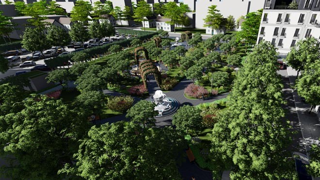 Phối cảnh góc khuôn viên cây xanh tại dự án Belleville Hà Nội. 
