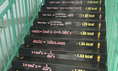 Trường THPT Lê Quý Đôn (Đồng Nai) dùng công thức lượng giác để "trang trí" cầu thang. Ảnh: FB.