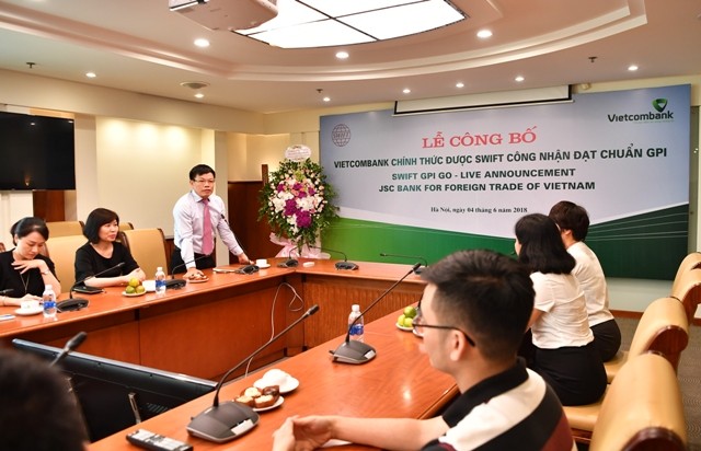 Ông Đào Minh Tuấn - Phó Tổng Giám đốc Vietcombank phát biểu tại buổi Lễ công bố Vietcombank chính thức là Ngân hàng đạt chuẩn GPI