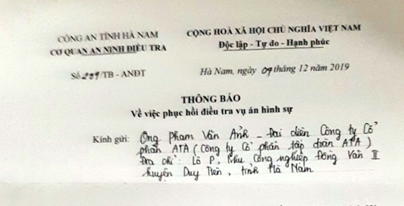 Thông báo của Cơ quan An ninh điều tra, Công an tỉnh Hà Nam về việc phục hồi điều tra - Ảnh: Hoàng Long