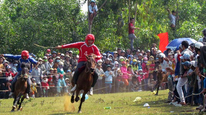 Kỵ sĩ Lê Văn Thu (áo đỏ) điều khiển ngựa số 4 về đích đầu tiên trong đợt thi chung kết 