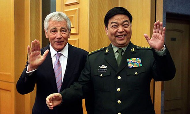Bộ trưởng Quốc phòng Mỹ Chuck Hagel và và người đồng cấp Trung Quốc Thường Vạn Toàn. 