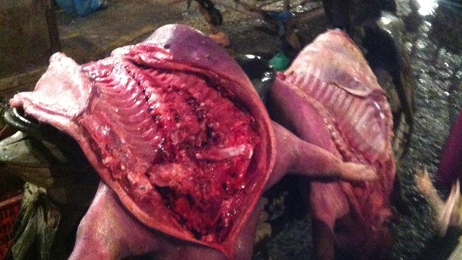 Thịt lợn chết, bốc mùi được bán với giá 20.000 đồng/kg tại chợ đầu mối phía Nam. Ảnh: Mai Linh