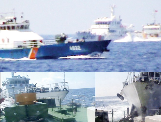 Tàu CSB VN 4032 tuyên truyền các hoạt động vi phạm chủ quyền của TQ trong vùng biển Việt Nam (ảnh lớn); Tàu Hải cảnh 44103 TQ tăng tốc đâm vào tàu CSB VN2012 (ảnh nhỏ trái); Lan can của tàu CSB VN2012 gãy vụn sau cú đâm rất hung dữ của tàu TQ.