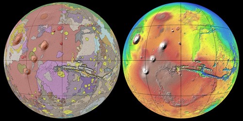 Bản đồ địa chất của Sao Hỏa (trái) và bản đồ thể hiện độ cao trên bề mặt (phải). Ảnh: USGS