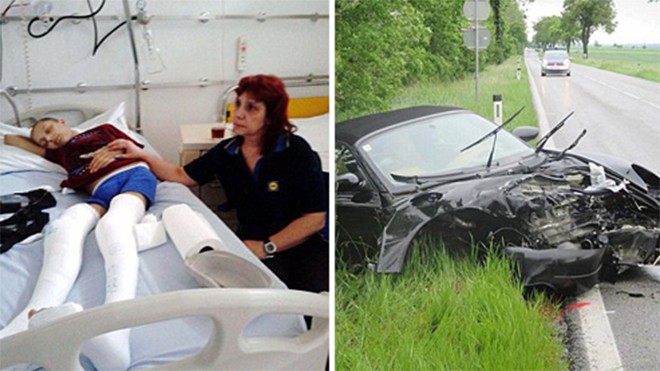 Sau vụ tai nạn thảm khốc chiếc siêu xe bị hư hỏng nặng, cậu bé Raphael cũng bị thương nghiêm trọng.