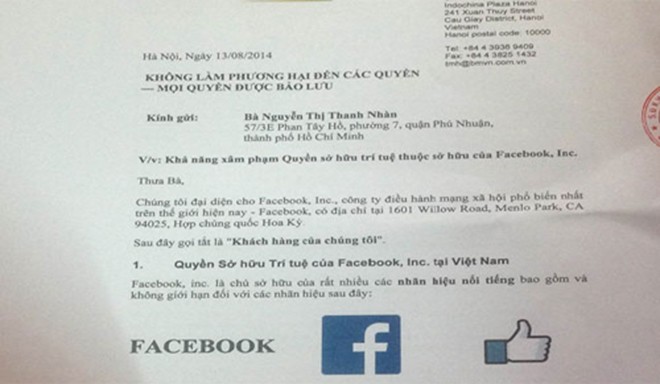 Thư đại diện pháp lý của Facebook cảnh báo Nàng Gánh. Ảnh: Trung Hiếu chụp lại