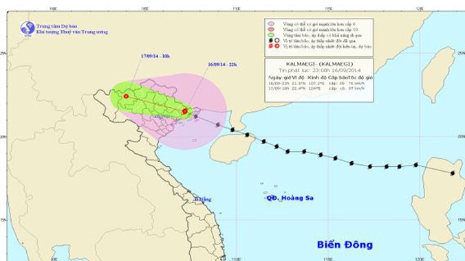 Vị trí và hướng di chuyển của bão Kalmaegi. Ảnh: Trung tâm Dự báo Khí tượng Thủy văn Trung ương