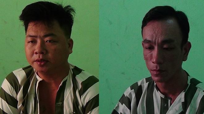 Hai đối tượng Nguyễn Anh Tuấn (phải) và Huỳnh Văn Vinh tại cơ quan điều tra. Ảnh CA cung cấp.