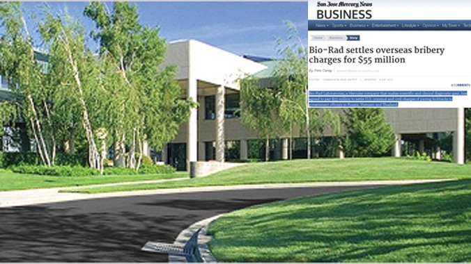 Trụ sở Bio - Rad ở bang California (ảnh lớn). Bê bối Bio-Rad lên báo Mỹ San Jose Mercury News (ảnh nhỏ).