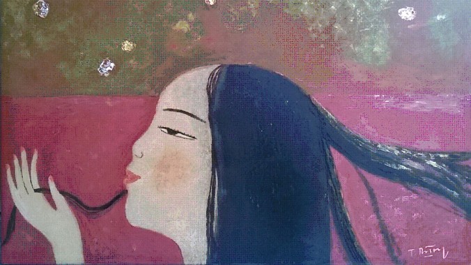 Tác phẩm “Thiếu nữ dưới hoa” khổ 50x 70cm của Vũ Tuấn Dũng.