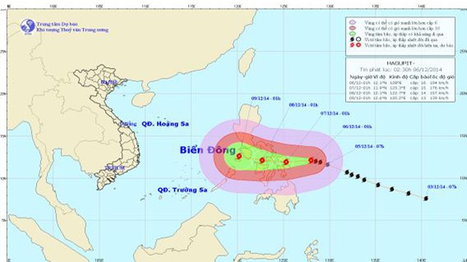 Hướng di chuyển của bão Hagupit. Ảnh: Trung tâm Dự báo khí tượng thủy văn TƯ.