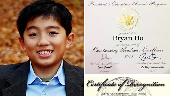 Bryan Phan Hồ (tên Việt là Hồ Phan Vương Bảo, 15 tuổi, học sinh lớp 10 trường Mision Viejo-California), được nhận nhiều bằng khen cho thành tích học tập xuất sắc, trong đó có giấy khen của Tổng thống Mỹ. Ảnh: VnExpress.