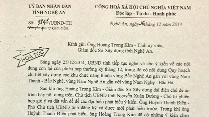 Công văn yêu cầu ông Hoàng Trọng Kim - Giám đốc Sở XD Nghệ An nghiêm túc tự kiểm điểm và tự nhận hình thức kỷ luật vì "có những thái độ, lời lẽ thiếu tôn trọng" đối với Chủ tịch UBND tỉnh này.
