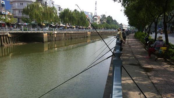 Cần câu bủa xuống lòng kênh Nhiêu Lộc-Thị Nghè vào chiều 22/1. Ảnh: Đình Phú.
