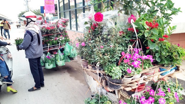 Chị Hoa đang bán hoa dạo trên đường Nguyễn Xiển. Ảnh: H.N.