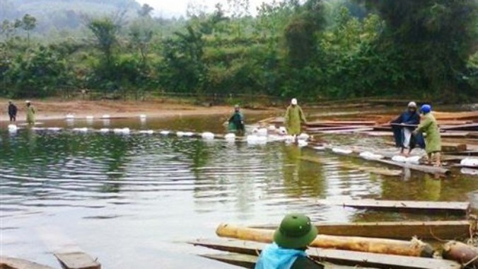 Lực lượng chức năng tiến hành thu giữ hàng trăm khối gỗ bên bờ sông.