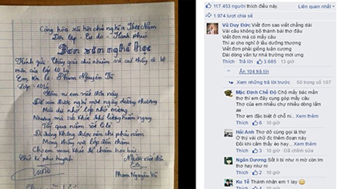 Lá đơn xin nghỉ học bằng thơ thu hút hơn 100.000 lượt Like trên mạng xã hội Facebook.