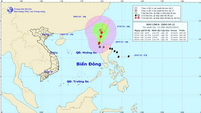 Dự báo đường đi và khu vực ảnh hưởng của bão số 2 (bão Linfa). Ảnh: Trung tâm Dự báo khí tượng thủy văn TƯ.