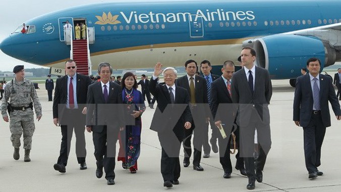 Tổng Bí thư Nguyễn Phú Trọng đến sân bay Quân sự Andrews ở Thủ đô Washington DC. Ảnh: Trí Dũng/TTXVN.