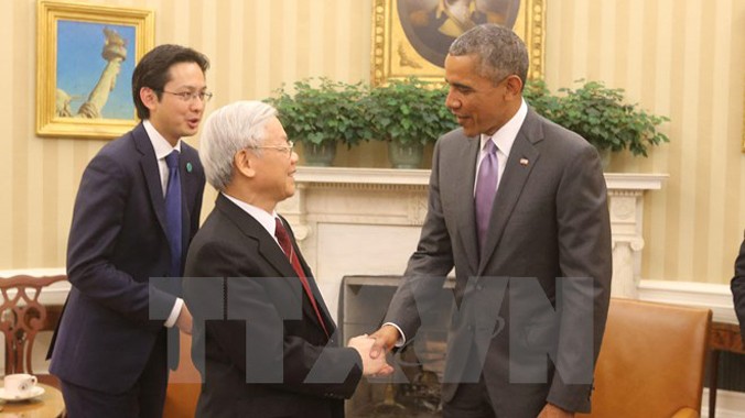 Tổng Bí thư Nguyễn Phú Trọng và Tổng thống Hoa Kỳ Barack Obama đã có cuộc hội đàm chính thức tại tại phòng Bầu dục ở Nhà Trắng. Ảnh: Trí Dũng/TTXVN.