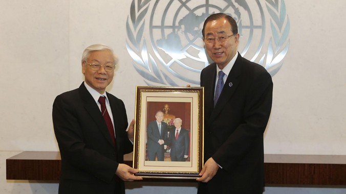 Tổng Bí thư Nguyễn Phú Trọng hội kiến Tổng Thư ký LHQ Ban Ki-moon tại New York. Ảnh: TTXVN.