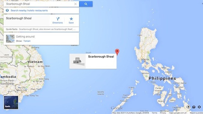 Bãi cạn Scarborough trên bản đồ Google Map. Nguồn: Rappler.