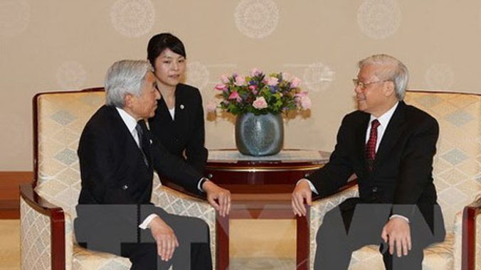 Nhật hoàng Akihito đón tiếp Tổng bí thư Nguyễn Phú Trọng hôm nay. Ảnh: TTXVN.