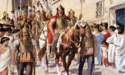 Vua Alaric cưỡi ngựa diễu hành qua thành phố Athens khi chinh phạt thành phố này năm 395. Ảnh: Wikimedia Commons.