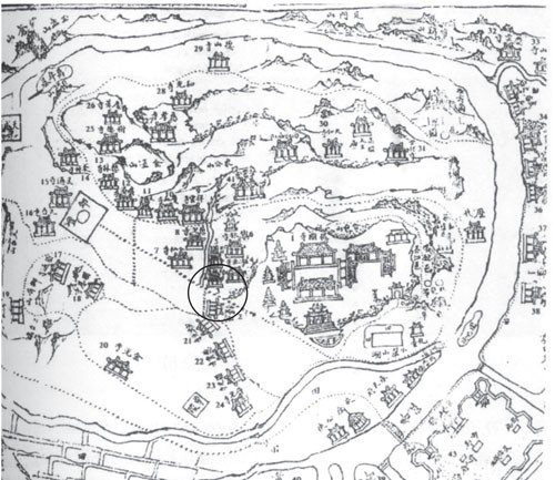 Tấm bản đồ trong sách “Hàm Long Sơn” đánh dấu số 3 mà ông Nguyễn Đắc Xuân khẳng định đó là vị trí chùa Thiền Lâm xưa kia và hiện nay.
