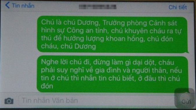 Nội dung tin nhắn của Đại tá Võ Văn Dương khuyên Cường ra đầu thú.