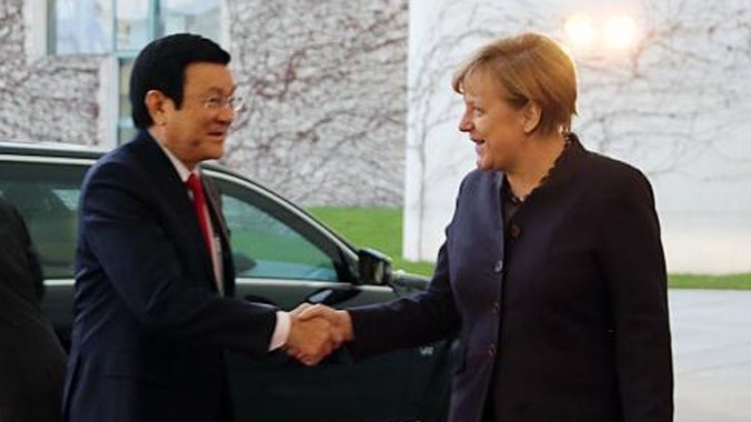 Chủ tịch nước Trương Tấn Sang gặp Thủ tướng Cộng hòa Liên bang Đức Angela Merkel. Ảnh: Nguyễn Khang/TTXVN.
